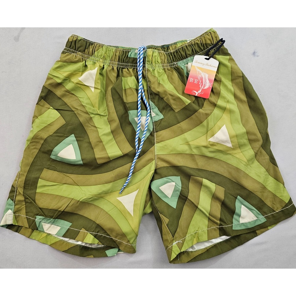 Tommy Bahama Relax trunks swimwear mens S Small pockets green geometric nylon